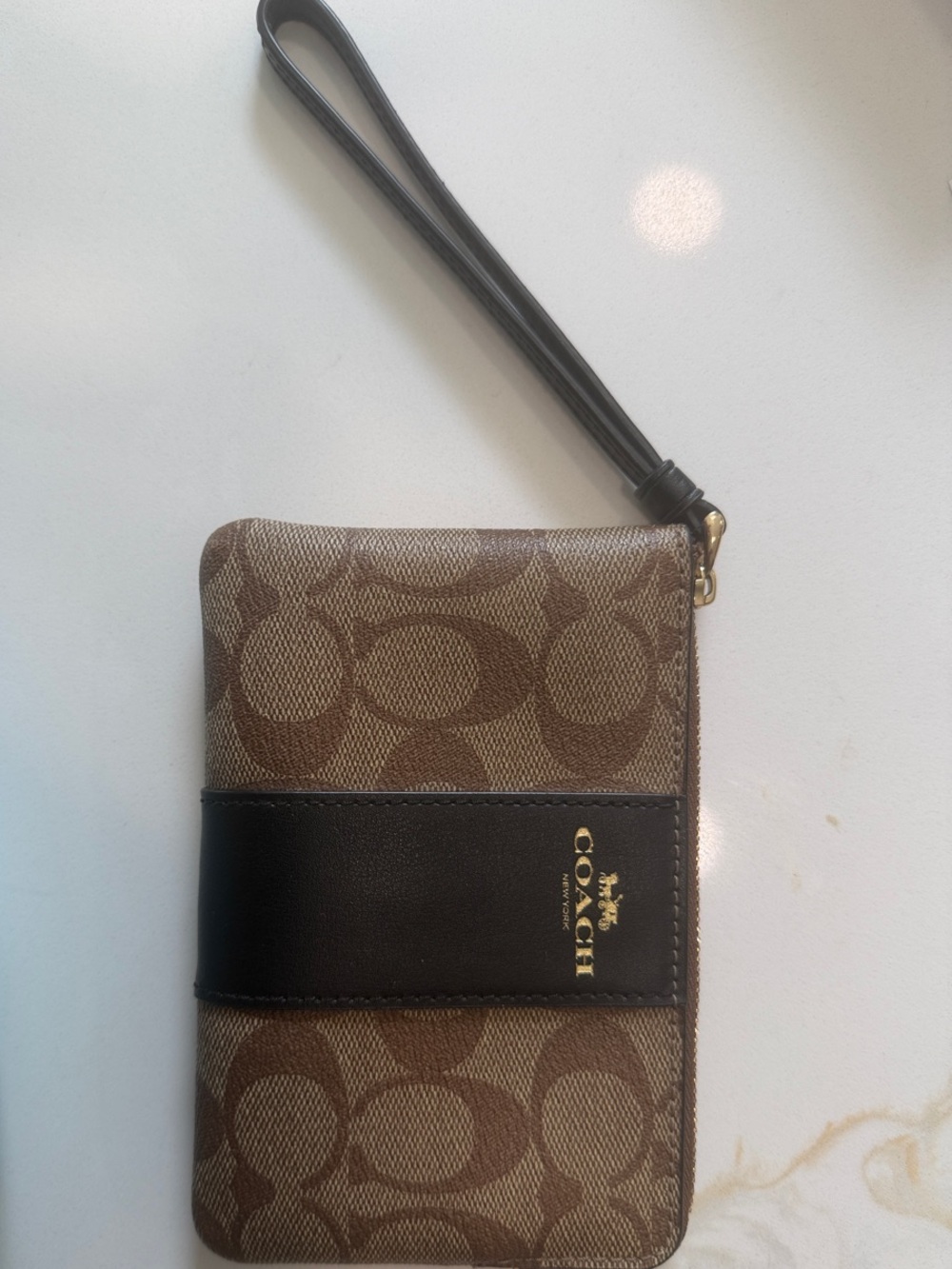 Coach Brown Signature Canvas Wristlet with Black Leather Accent